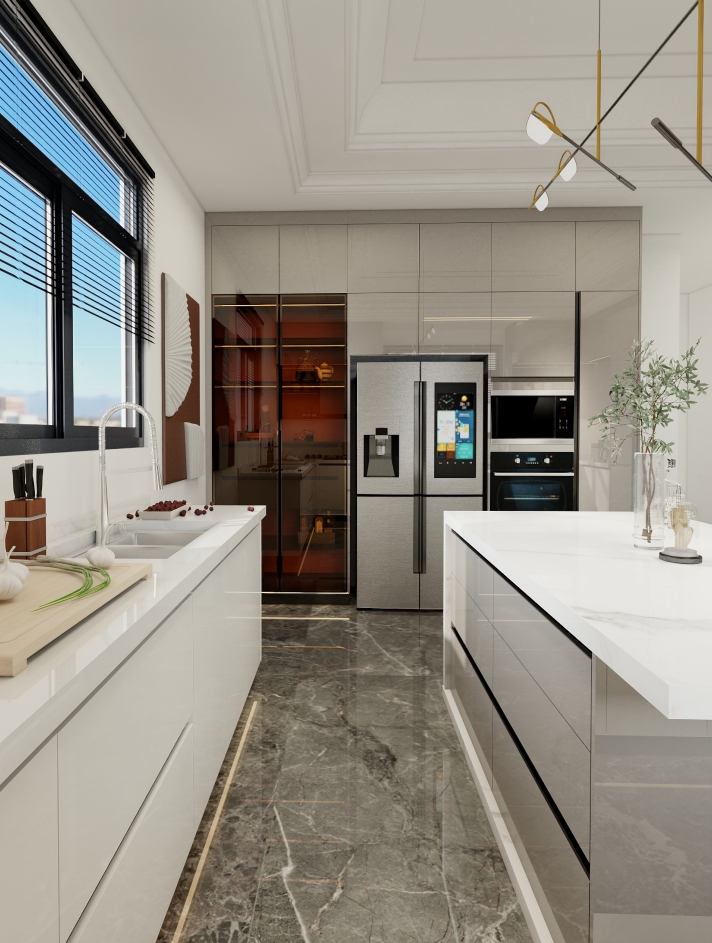 Contemporary kitchen with custom cabinetry and advanced appliances, designed by a professional cabinet maker, featuring sleek storage and a modern aesthetic.
