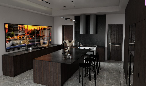 Close-up of a modern minimalist kitchen featuring dark wood cabinets and black stone countertops.