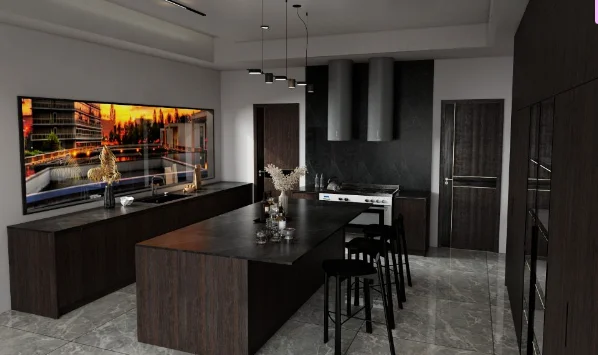 Close-up of a modern minimalist kitchen featuring dark wood cabinets and black stone countertops.