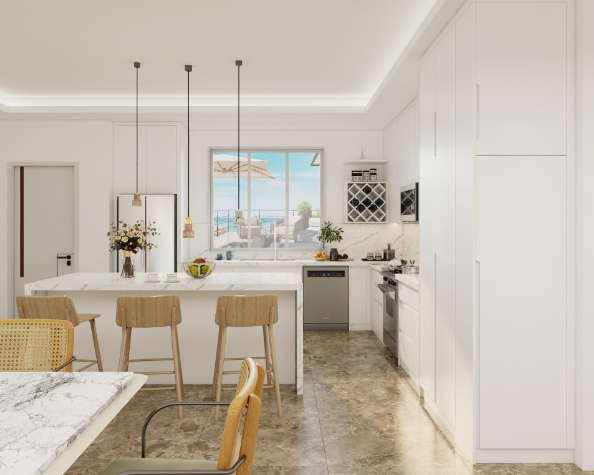 Modern minimalist kitchen featuring all-white cabinets, marble island, and large windows with natural light.