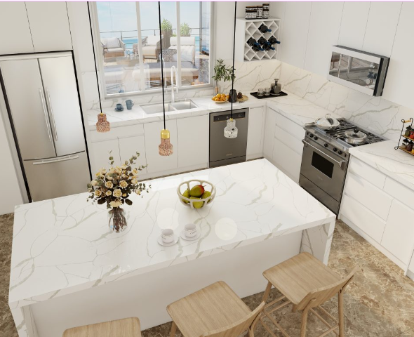 Modern minimalist kitchen featuring bright white cabinets, marble countertops, and a spacious island.