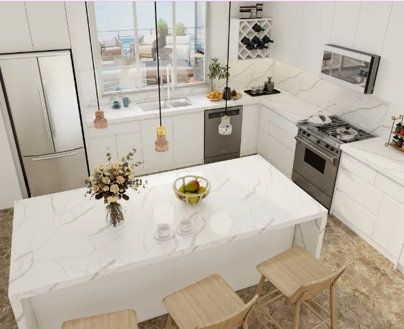 Modern minimalist kitchen featuring bright white cabinets, marble countertops, and a spacious island.