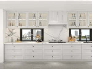 A bright kitchen featuring light plywood cabinets, glass-fronted upper cabinets, and marble countertops, creating a fresh and elegant cooking space.