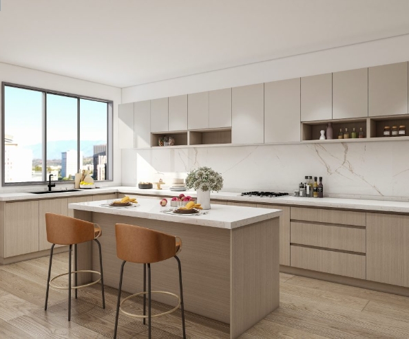 Spacious U-shaped kitchen featuring light wood cabinets, open shelving, and a central island with seating.