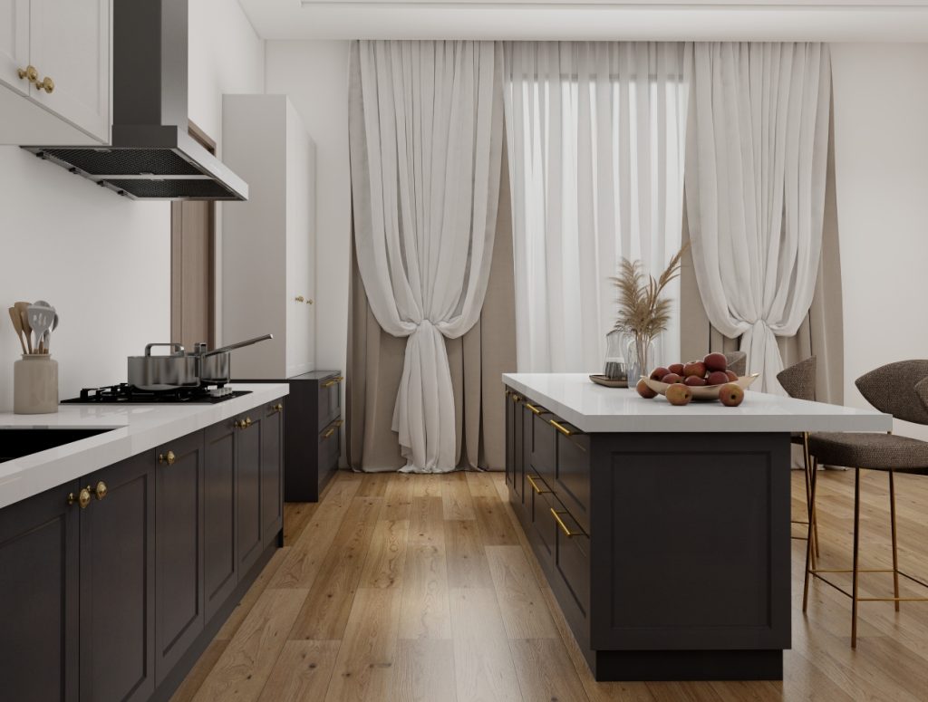 A modern kitchen with dark plywood wooden cabinets, gold accents, and a large island, creating a sophisticated and warm atmosphere.
