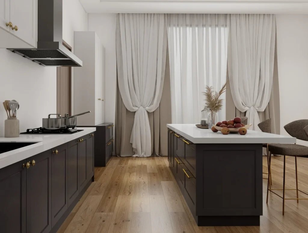 A modern kitchen with dark plywood wooden cabinets, gold accents, and a large island, creating a sophisticated and warm atmosphere.