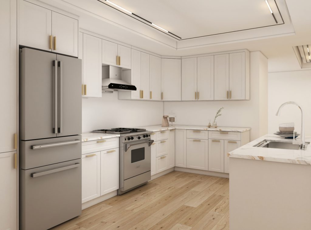 Modern kitchen island with white shaker cabinets, marble countertop, and stainless steel dishwasher
