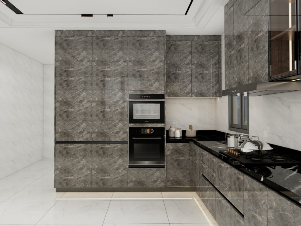 Modern kitchen featuring dark marble cabinets, integrated appliances, and sleek black countertops for a refined look.