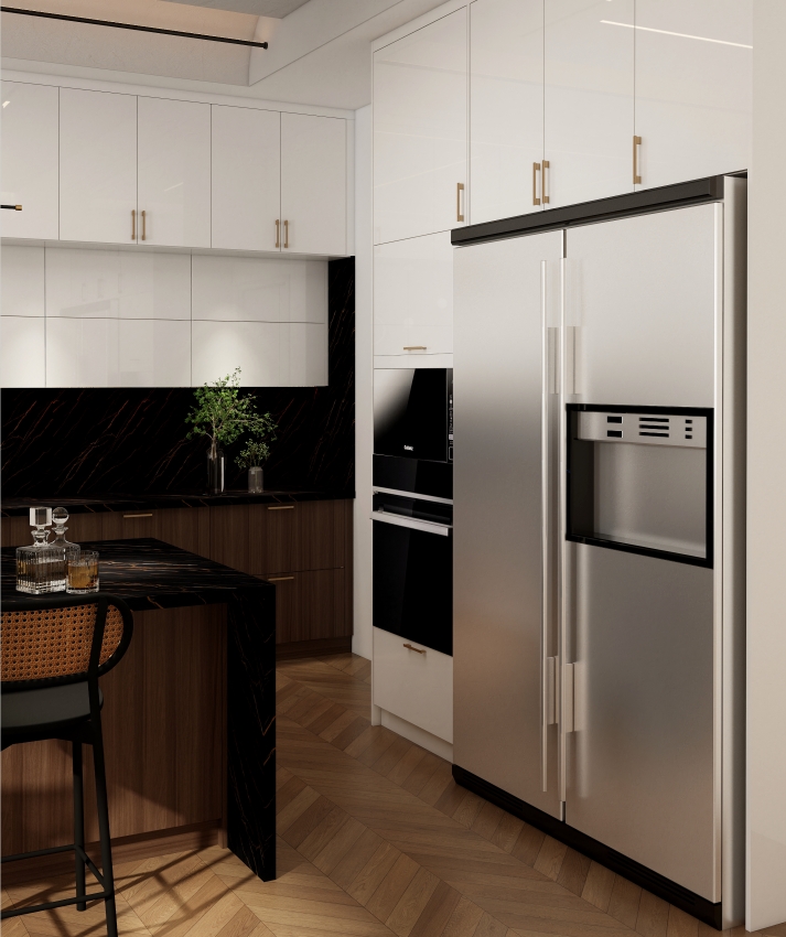 High-gloss white kitchen with black marble backsplash and modern stainless steel appliances.