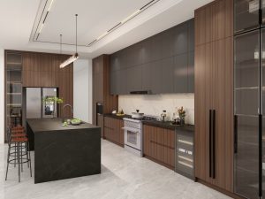 Contemporary kitchen with a dark central island, two-tone cabinetry, and integrated appliances, including a wine fridge.