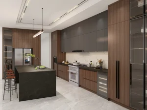 Contemporary kitchen with a dark central island, two-tone cabinetry, and integrated appliances, including a wine fridge.