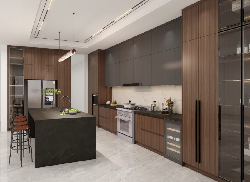 Contemporary kitchen with a dark central island, two-tone cabinetry, and integrated appliances, including a wine fridge.
