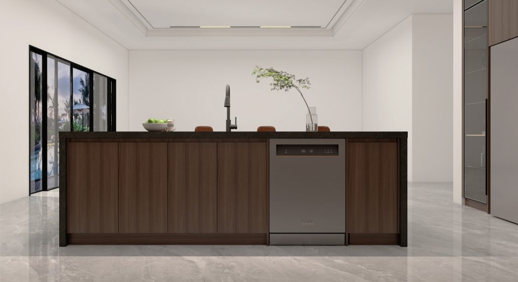 Modern kitchen with two-tone cabinetry, integrated appliances, and a minimalist design.