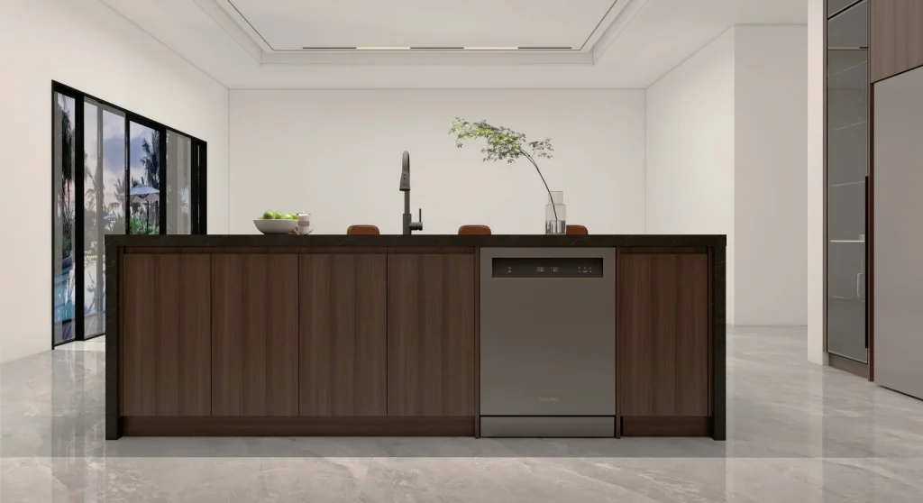 Modern kitchen with two-tone cabinetry, integrated appliances, and a minimalist design.