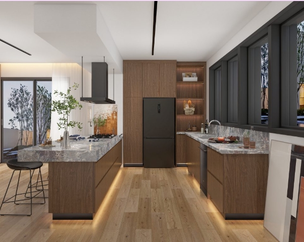 Modern kitchen featuring dark wood cabinetry, marble countertops, and a spacious layout with a central island.