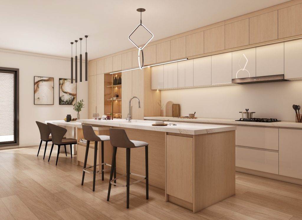 Modern kitchen with a sleek island, minimalist cabinetry, and integrated lighting, showcasing a stylish cabinet renovation.