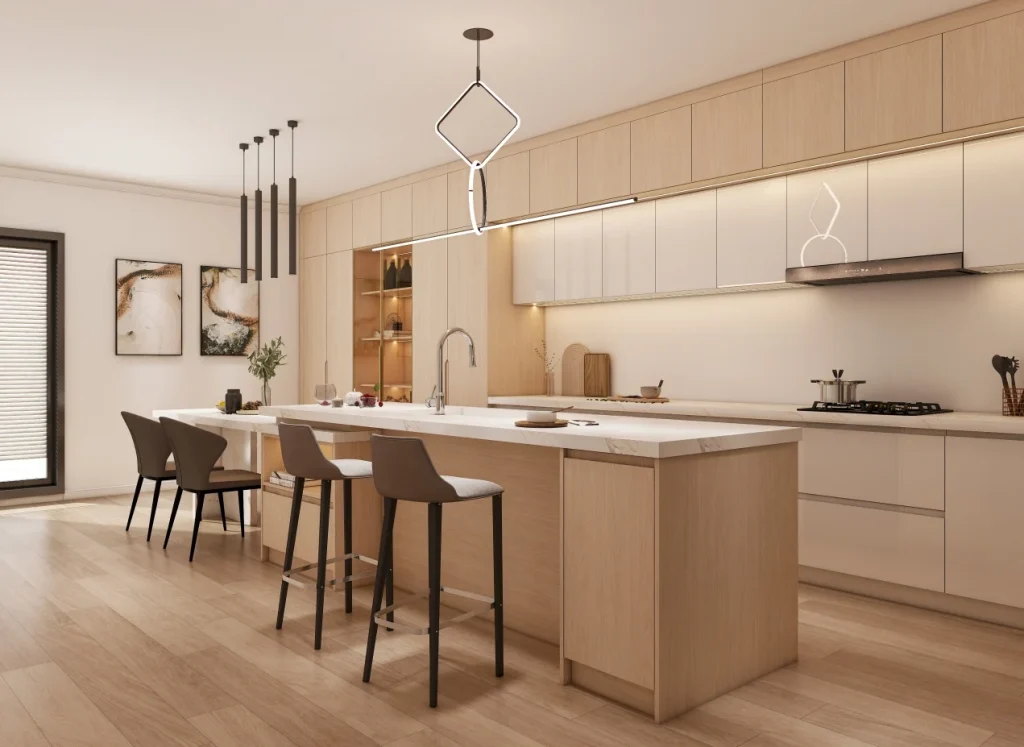 Modern kitchen with a sleek island, minimalist cabinetry, and integrated lighting, showcasing a stylish cabinet renovation.