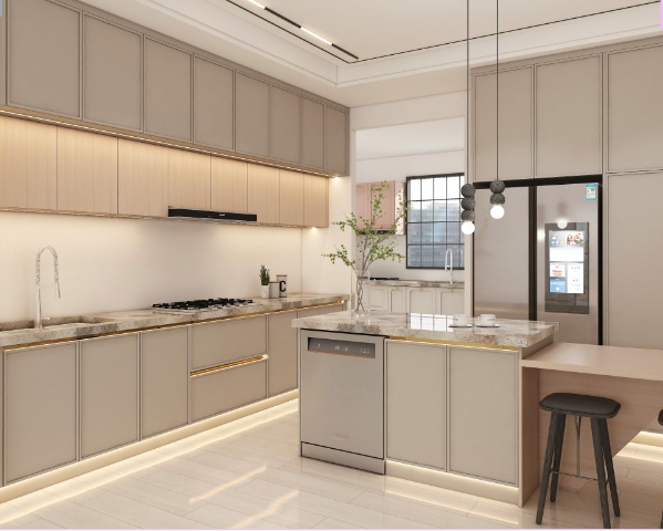 Modern kitchen featuring sleek cabinetry, a built-in dining area, and integrated appliances with under-cabinet lighting.