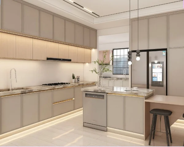 Modern kitchen featuring sleek cabinetry, a built-in dining area, and integrated appliances with under-cabinet lighting.