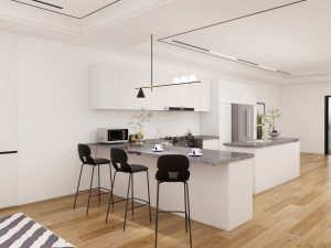 Modern kitchen design featuring a central island, breakfast bar with black stools, and sleek cabinetry with wood flooring.