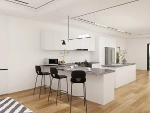 Modern kitchen design featuring a central island, breakfast bar with black stools, and sleek cabinetry with wood flooring.