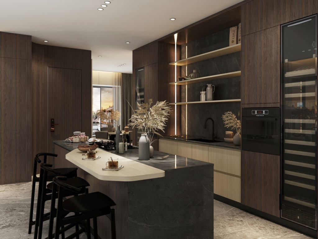 Contemporary kitchen with dark wood cabinets, stone countertops, and integrated lighting.