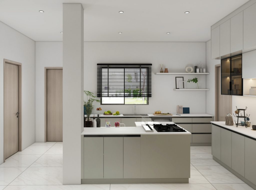 Contemporary minimalist kitchen featuring soft grey cabinetry, an integrated island, and modern open shelving.