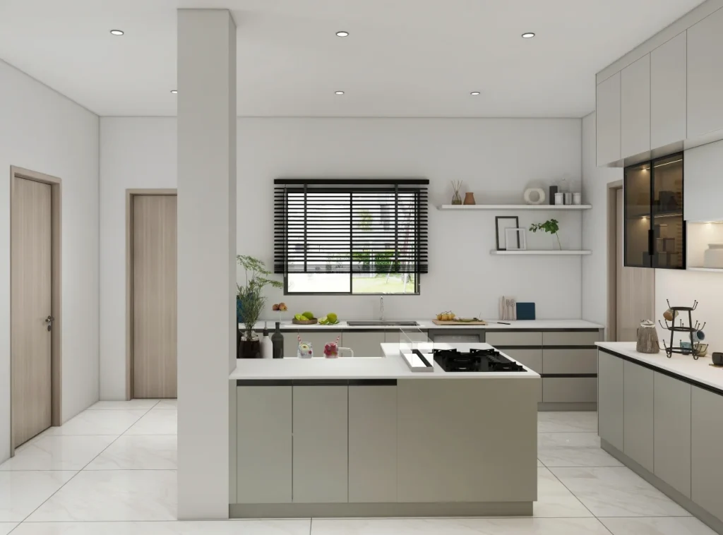 Contemporary minimalist kitchen featuring soft grey cabinetry, an integrated island, and modern open shelving.