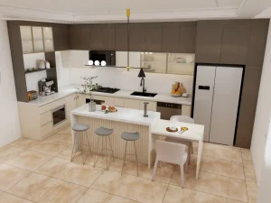 Modern kitchen with two-tone cabinets, an integrated island, and sleek appliances.
