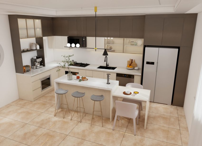 Modern kitchen with two-tone cabinets, an integrated island, and sleek appliances.