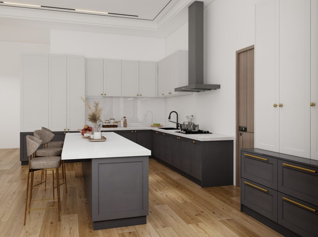 A modern kitchen featuring a sleek design with two-tone plywood and wooden cabinets, highlighted by a spacious island and minimalist decor.