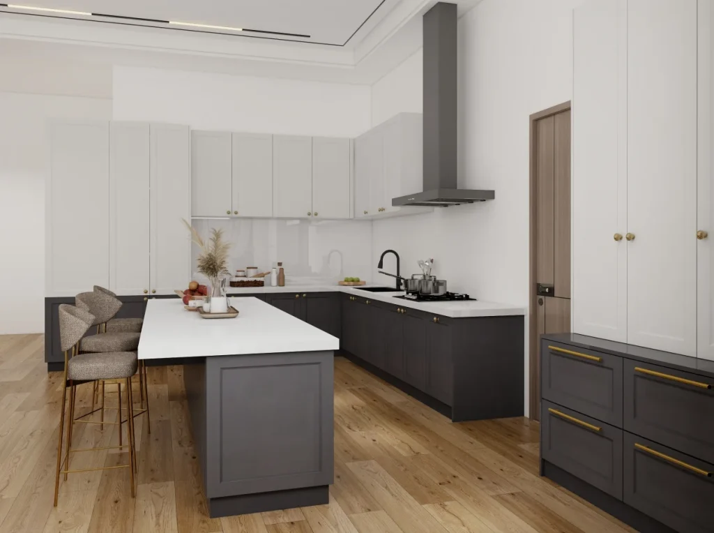 A modern kitchen featuring a sleek design with two-tone plywood and wooden cabinets, highlighted by a spacious island and minimalist decor.