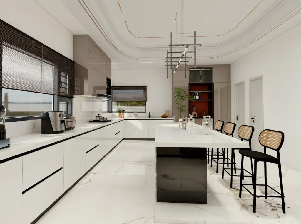 Modern kitchen with sleek white cabinets, a large central island, and contemporary decor.