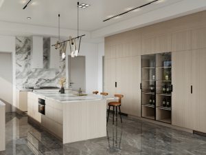 U-shape kitchen cabinetry featuring natural wooden veneer with integrated wine storage and sleek marble countertops.