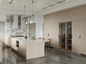 U-shape kitchen cabinetry featuring natural wooden veneer with integrated wine storage and sleek marble countertops.