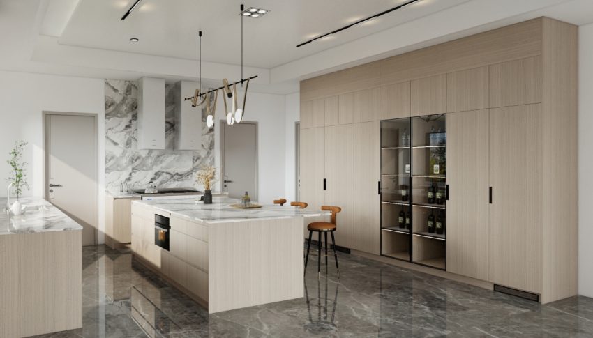 U-shape kitchen cabinetry featuring natural wooden veneer with integrated wine storage and sleek marble countertops.