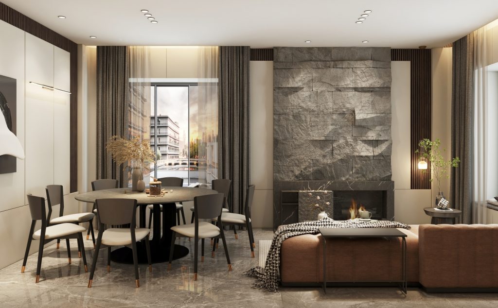 Modern kitchen with dark wood features, open shelves, and stone countertops. Title: Modern Kitchen with Dark Wood and Stone Elements