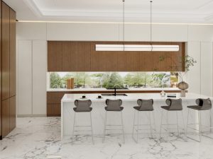 A modern L-shaped kitchen featuring a custom-made design with white marble countertops, sleek wood cabinetry, and elegant lighting fixtures