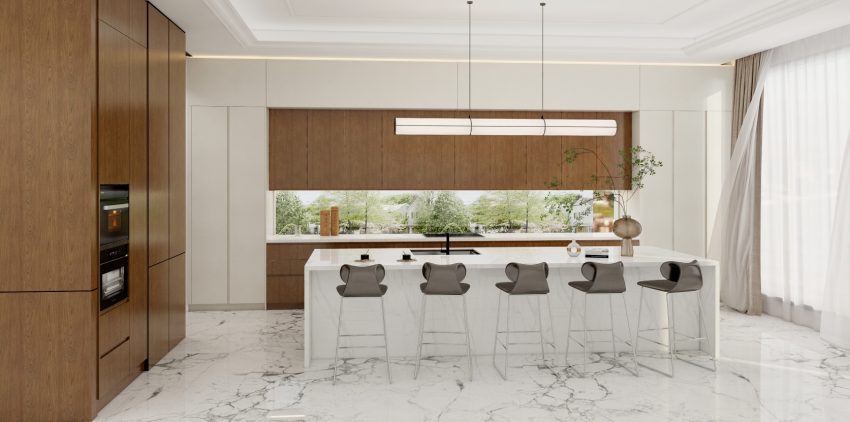 A modern L-shaped kitchen featuring a custom-made design with white marble countertops, sleek wood cabinetry, and elegant lighting fixtures