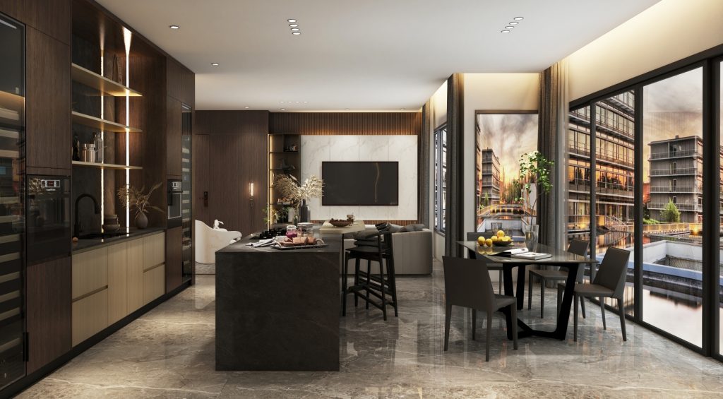 Stylish kitchen featuring dark wood cabinets, stone island, and open shelving.