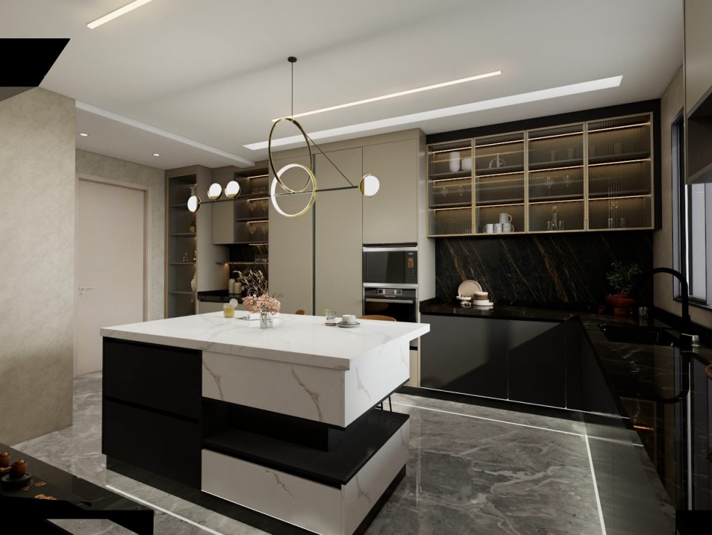 Elegant modern kitchen with a marble island, sleek black and beige cabinetry, and contemporary lighting.