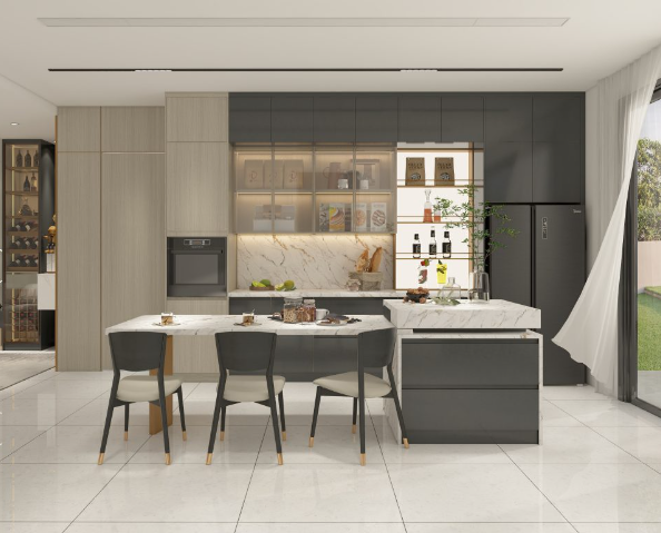 Modern minimalist kitchen cabinets with a marble island and integrated appliances.