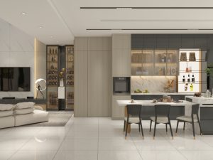 Modern kitchen with elegant wholesale cabinets featuring a unified design, perfect for kitchen renovations.
