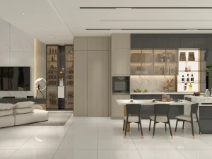 Modern kitchen with elegant wholesale cabinets featuring a unified design, perfect for kitchen renovations.
