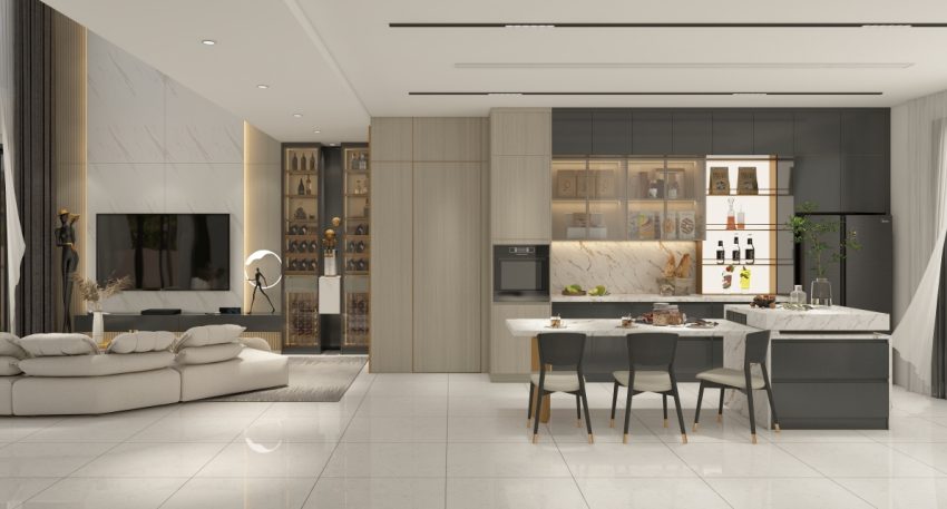 Modern kitchen with elegant wholesale cabinets featuring a unified design, perfect for kitchen renovations.