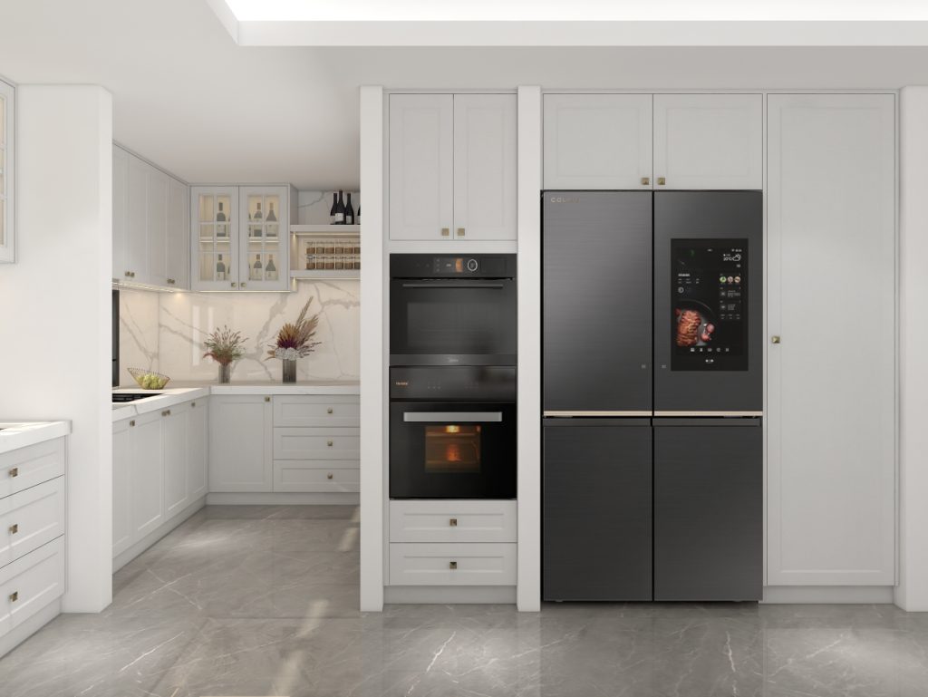 A sleek kitchen with light plywood cabinets, integrated modern appliances, and luxurious marble accents, offering a seamless and refined cooking space.
