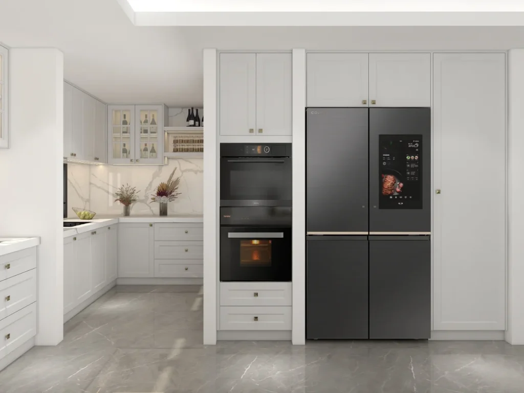 A sleek kitchen with light plywood cabinets, integrated modern appliances, and luxurious marble accents, offering a seamless and refined cooking space.