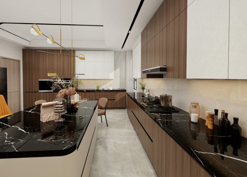 Contemporary kitchen featuring two-tone wood and white cabinets, a curved island, and black marble countertops.