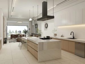 Modern two-tone kitchen featuring a marble island and sleek cabinetry, with an open-plan layout.