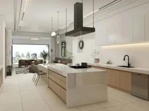Modern two-tone kitchen featuring a marble island and sleek cabinetry, with an open-plan layout.